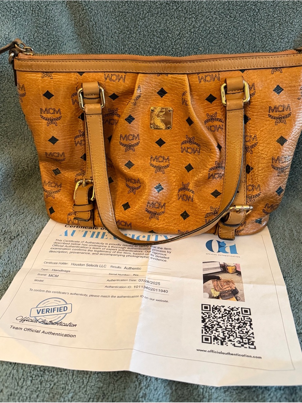 MCM Cognac Visetos Logo Print Tote with Gold Hardware